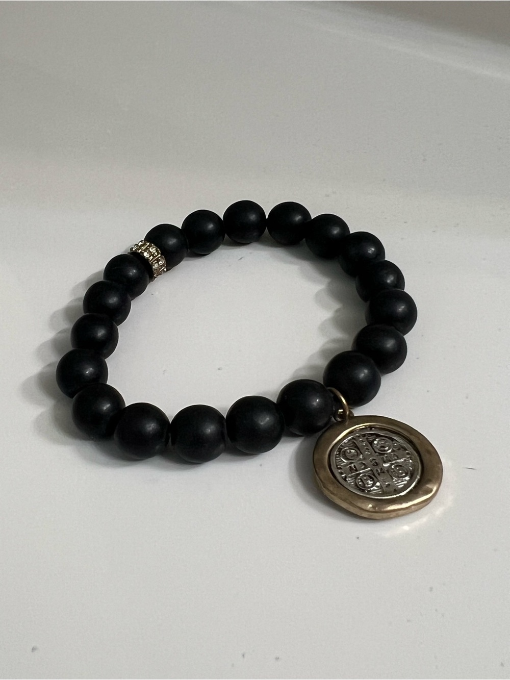 Black Beaded Charm Bracelet with Miraculous Medal Pendant